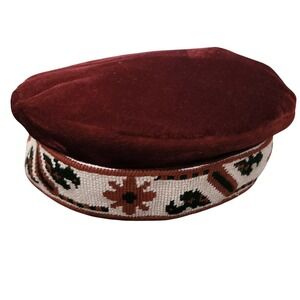 Vintage Hunza Burgundy Velvet Pillbox Hat Embroidered Geometric Band Ethnic Kufi